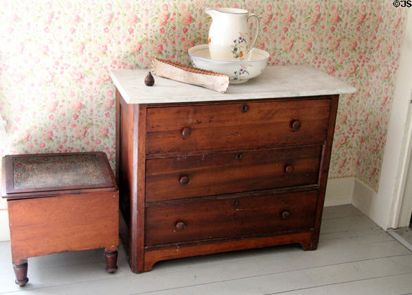 Dresser with pitcher & basin at Robert Frost Farm. Derry, NH.