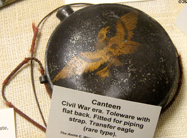 Civil War canteen in toleware with transfer print of eagle at Woodman Museum. Dover, NH.