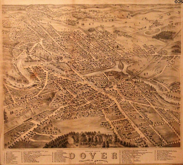 Bird's eye aerial view of Dover, NH (1877) at Woodman Museum. Dover, NH.