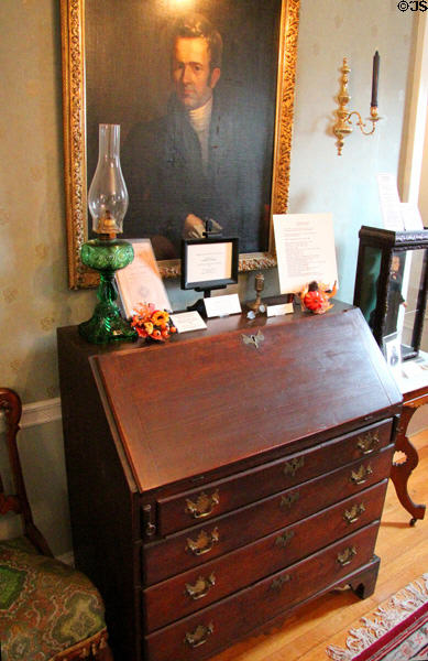 Display of Andrew Peirce, 1st mayor of Dover, NH (1856) with his portrait & his slant-front secretary desk at Woodman Museum. Dover, NH.