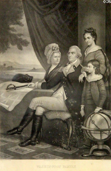Graphic (c1830) of George Washington's family by F.B. Schell published by John Dainty of Philadelphia at Woodman Museum. Dover, NH.