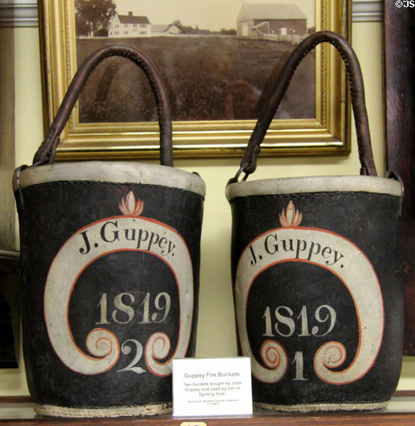 Leather fire buckets (1819) marked J. Guppey at Woodman Museum. Dover, NH.