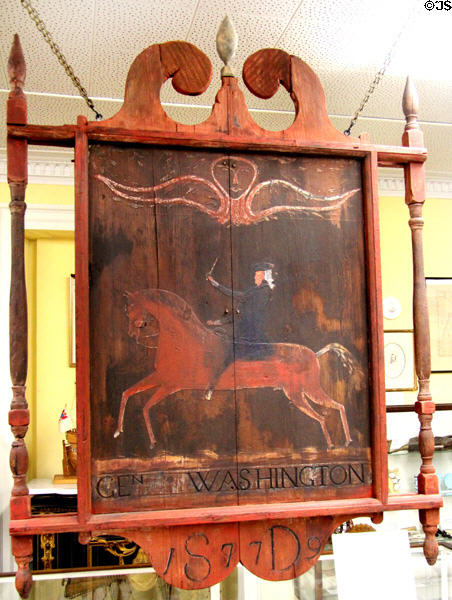 Durham Arms Tavern Sign (1779) with Gen. Washington on horseback at Woodman Museum. Dover, NH.