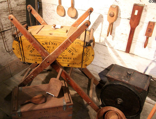 Swinging butter churn & other butter tools in Garrison house at Woodman Museum. Dover, NH.