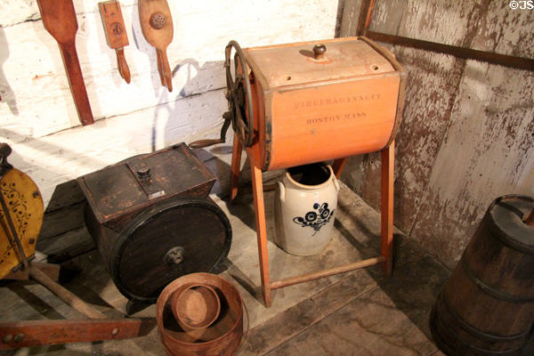 Cranked butter churn & other butter tools in Garrison house at Woodman Museum. Dover, NH.