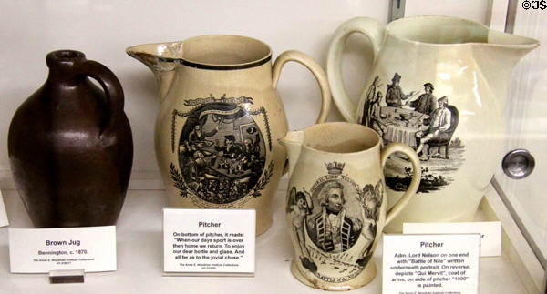 Commemorative creamware pitchers at Woodman Museum. Dover, NH.