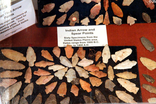 Indian arrow & spear points from U.S. plains (1600 BCE- 1400 CE) at Woodman Museum. Dover, NH.