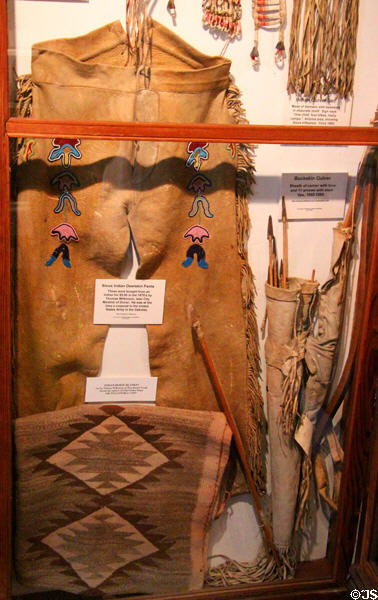 Native American deerskin pants (c1870s), horse blanket & buckskin quiver (1860-90) at Woodman Museum. Dover, NH.
