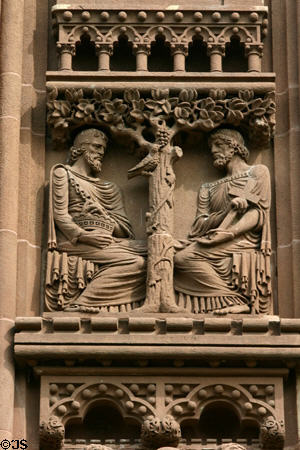 Church & state & New Testament parables of good & evil by tree of life on Alexander Hall on Princeton campus. Princeton, NJ.