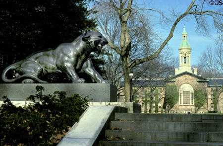 Bengal Tigers (1968) by Bruce Moore on mall between Clio & Whig Halls with Nassau Hall in Nassau Hall. NJ.