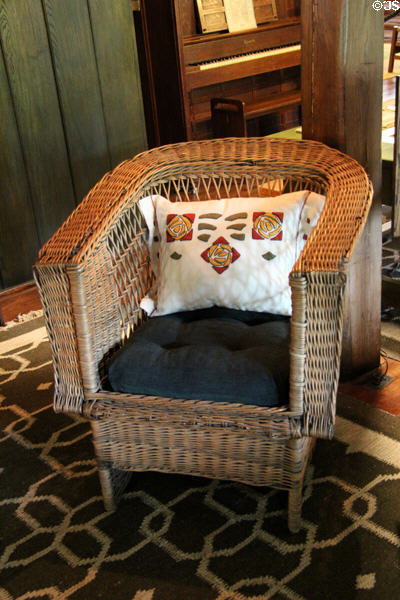 Arts & Crafts woven willow stick arm chair with pillow at Stickley Museum at Craftsman Farms. Morris Plains, NJ.