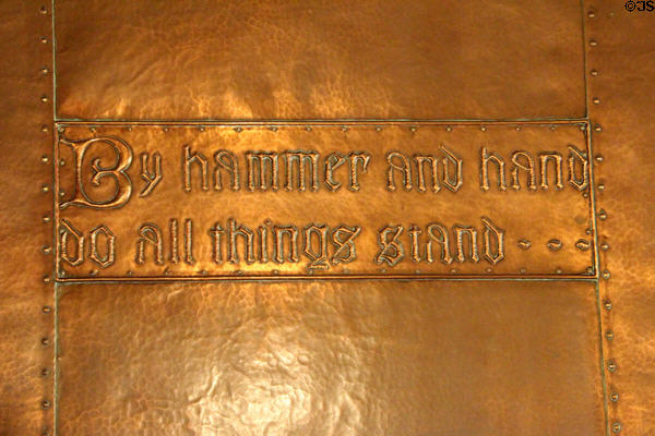Second living room fireplace copper repousse slogan 'By hammer and hand do all things stand' at Craftsman Farms. Morris Plains, NJ.