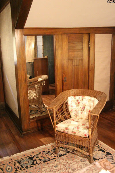 Arts & Crafts woven willow armchair (c1913-6) by Gustav Stickley at Stickley Museum at Craftsman Farms. Morris Plains, NJ.