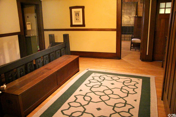 Upstairs hallway with Arts & Crafts runner at Stickley Museum at Craftsman Farms. Morris Plains, NJ.
