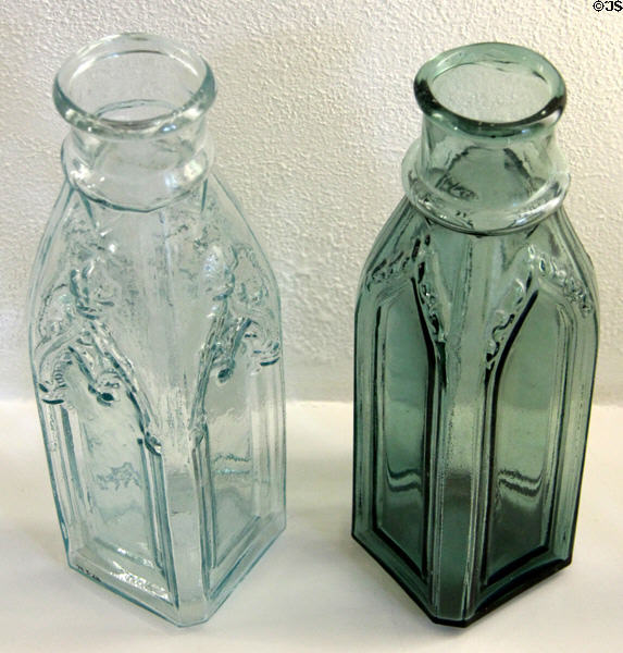 American glass Gothic cathedral pickle jars (1840s-80s) in style of South Jersey at Museum of American Glass. Milville, NJ.