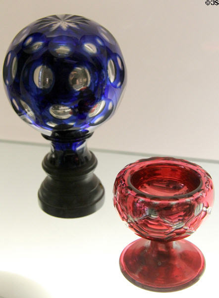 Glass newel post (c1855) & salt cellar (1860-80) both prob. by New England Glass Co. of Cambridge, MA at Museum of American Glass. Milville, NJ.