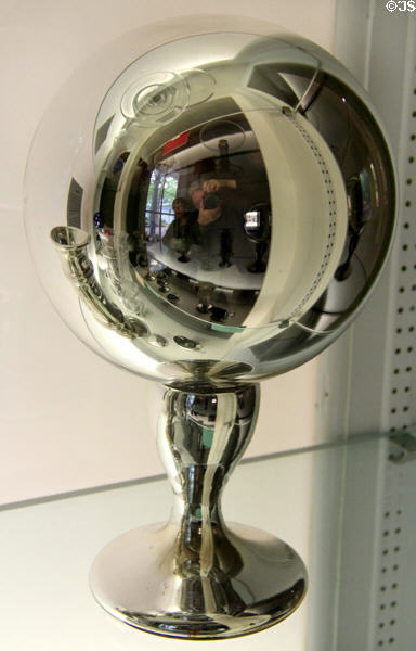 Silvered (aka mercury) glass gazing ball (aka globe on stand) (1867) by Dithridge & Co. of Pittsburgh at Museum of American Glass. Milville, NJ.