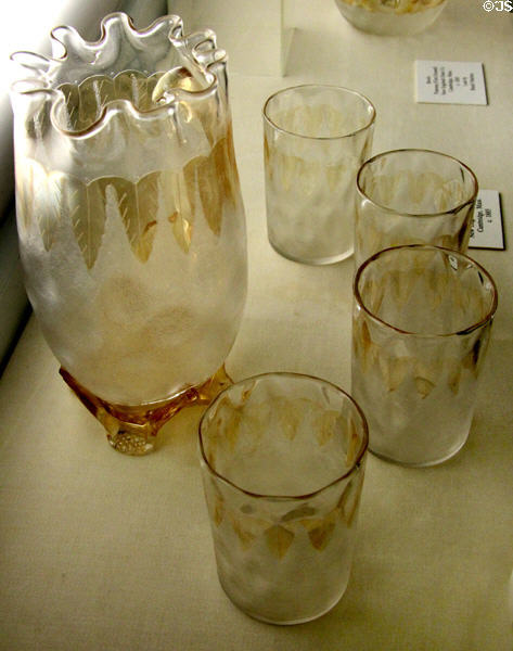 Pomona (First Ground) acid etched glass pitcher & tumblers (c1885) by New England Glass Co. of Cambridge, MA at Museum of American Glass. Milville, NJ.