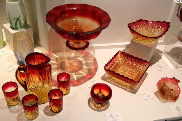 Amberina glass vessels (c1883) by New England Glass Co. of Cambridge, MA at Museum of American Glass. Milville, NJ.