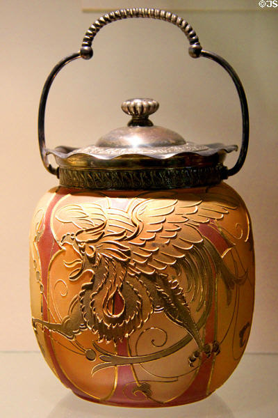 Royal Flemish glass biscuit jar (c1889-94) by Mt. Washington Glass Co. of New Bedford, MA at Museum of American Glass. Milville, NJ.