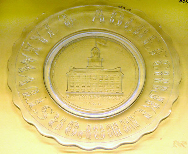 Independence Hall glass Centennial commemorative plate (1876) by Gillinder & Sons of Philadelphia, PA at Museum of American Glass. Milville, NJ.