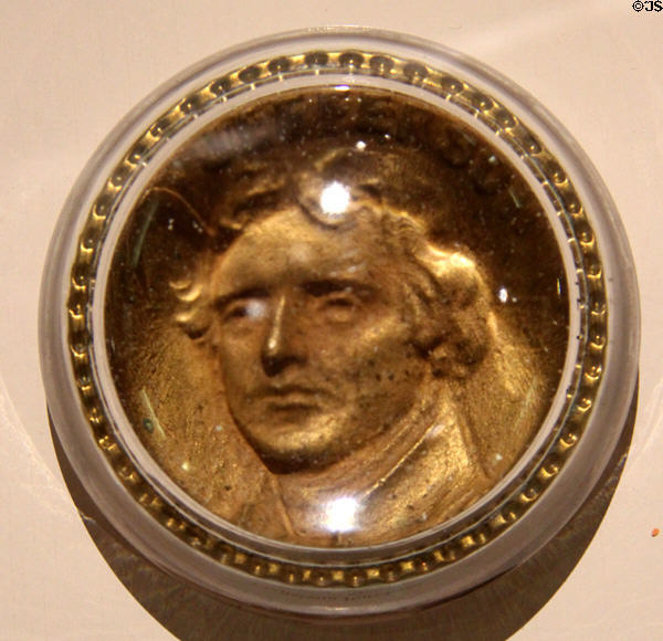 Louisiana Purchase Exposition, St. Louis, MO glass paperweight (1904) with image of Thomas Jefferson at Museum of American Glass. Milville, NJ.