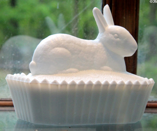 Pressed milk glass mule-eared rabbit covered dish (c1948) by Westmoreland Co. of Grapeville, PA at Museum of American Glass. Milville, NJ.