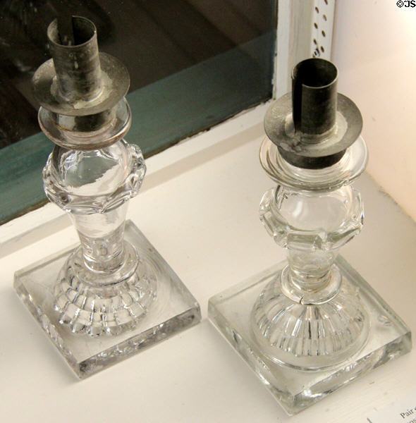 Pair of pressed glass candlesticks (c1825) possibly by Thomas Cains of Phoenix Glass Works, Boston, MA at Museum of American Glass. Milville, NJ.