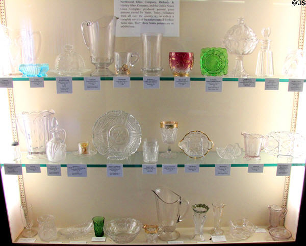 Collection of glass objects bearing patterns named after American states at Museum of American Glass. Milville, NJ.
