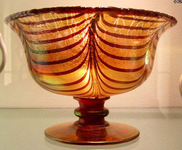 Glass bowl with red looping stripes (late 1920s) by Imperil Glass Co. of Bellaire, OH at American Glass. Milville, NJ.