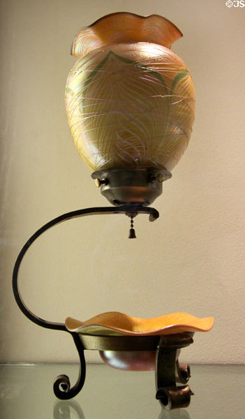 Gold luster & white peacock feather shade on Spider Webbing Lamp (1924-31) by Durand Art Glass of Vineland, NJ at Museum of American Glass. Milville, NJ.