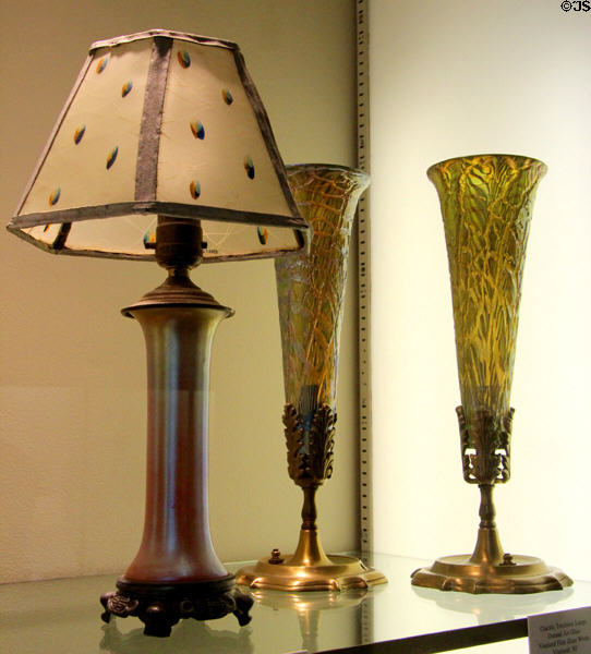 Art glass lamp with parchment shade & crackle Torchiere lamps both (1924-31) by Durand Art Glass of Vineland, NJ at Museum of American Glass. Milville, NJ.