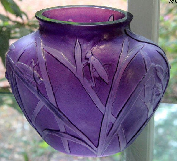 Katydid glass vase (c1938) by Consolidated Lamp & Glass of Coraopolis, PA at Museum of American Glass. Milville, NJ.