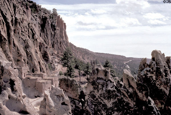 Cliff with native stone dwellings at Bandelier National Monument. NM.