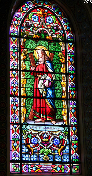 St Andrew stained glass window in St Francis Cathedral. Santa Fe, NM.