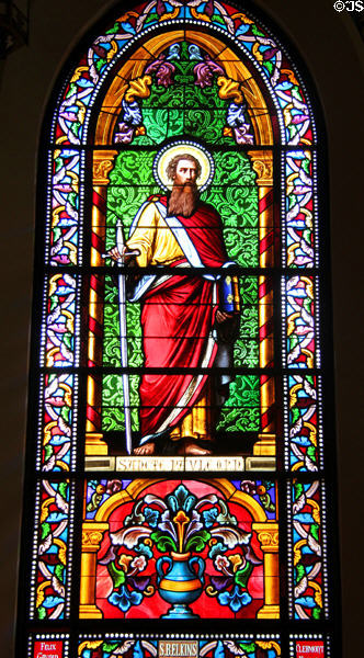 St Paul stained glass window in St Francis Cathedral. Santa Fe, NM.