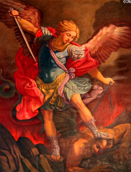 Painting of St Michael slaying a devil at San Miguel Mission. Santa Fe, NM.