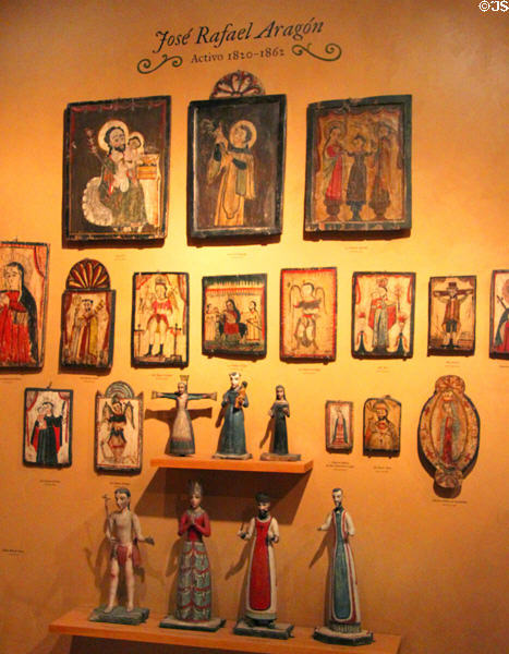 Spanish religious icon paintings & carvings (1820-61) by José Rafael Aragón at New Mexico History Museum. Santa Fe, NM.