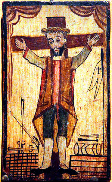 Spanish painted crucifix (c1820-61) by José Rafael Aragón at New Mexico History Museum. Santa Fe, NM.