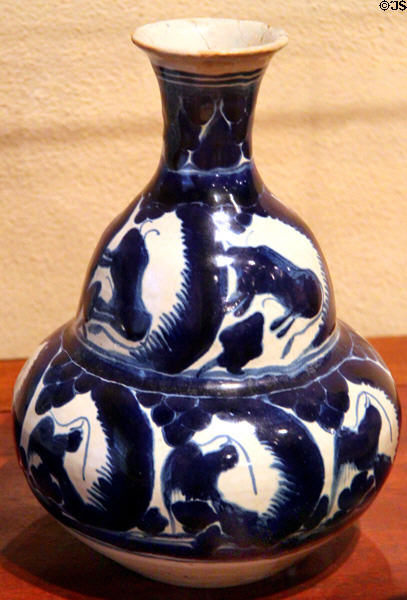 Puebla blue-on-white flask (18thC) at New Mexico History Museum. Santa Fe, NM.