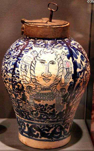 Puebla blue-on-white chocolate storage jar (17thC) at New Mexico History Museum. Santa Fe, NM.