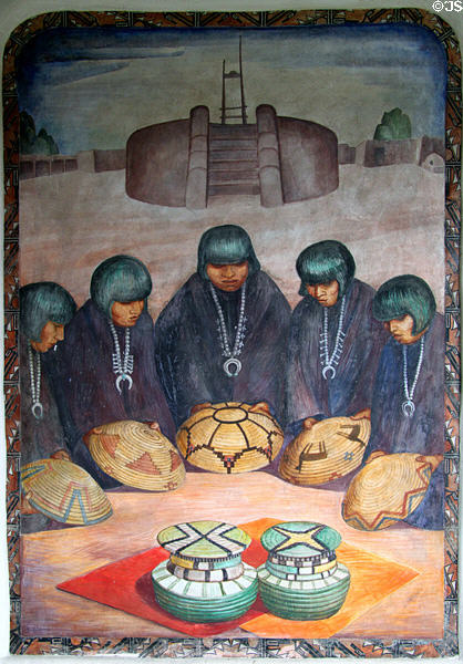 Natives before Kiva Voice of the Earth fresco (1934) by Will Shuster in courtyard of New Mexico Museum of Art. Santa Fe, NM.