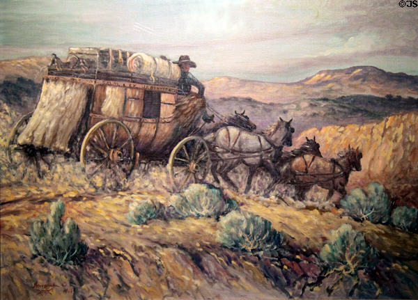 Stagecoach painting (c1956) by Jake H. Haverstick in NM State Capitol Art Collection. Santa Fe, NM.