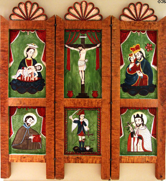 Reredo altar screen santero painting (1991) by Ramon Jose Lopez in NM State Capitol Art Collection. Santa Fe, NM.