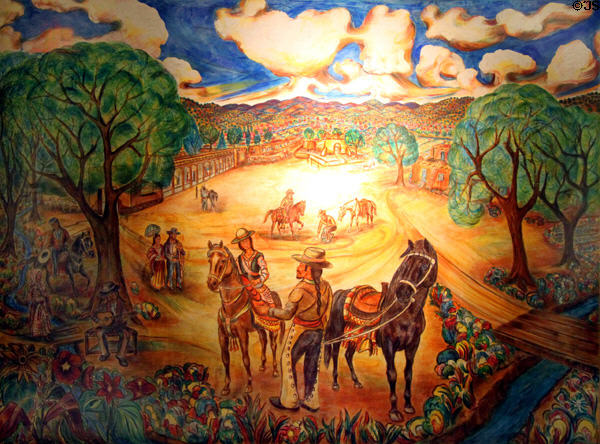 Plaza of Santa Fe in1800s fresco painting (1992) by Frederico M. Vigil in NM State Capitol Art Collection. Santa Fe, NM.
