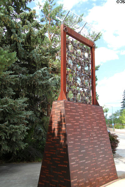 Modern sculpture by Apache artist Bob Haozous at NM State Capitol. Santa Fe, NM.