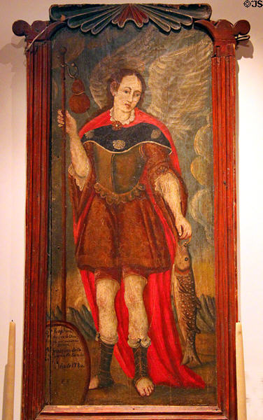 St Raphael painting (1780) by Bernardo Miera y Pacheco of Santa Fe, NM at Museum of Spanish Colonial Art. Santa Fe, NM.