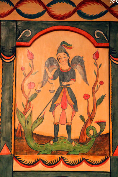 St Michael Archangel by Eduardo Sánchez on Reredos in Golondrinas Chapel at Rancho de las Golondrinas. Santa Fe, NM.