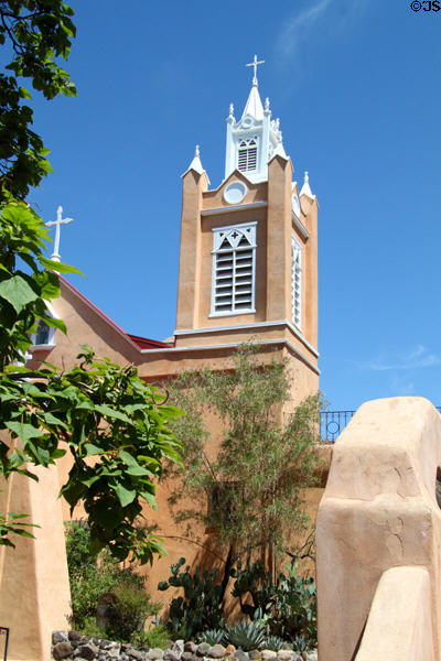 Gothic tower (1861) of San Felipe de Neri Church. Albuquerque, NM.