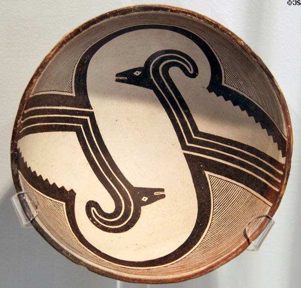 Mimbres classic black-on-white pottery bowl with ram's head (c1000-1150) at Maxwell Museum of Anthropology. Albuquerque, NM.
